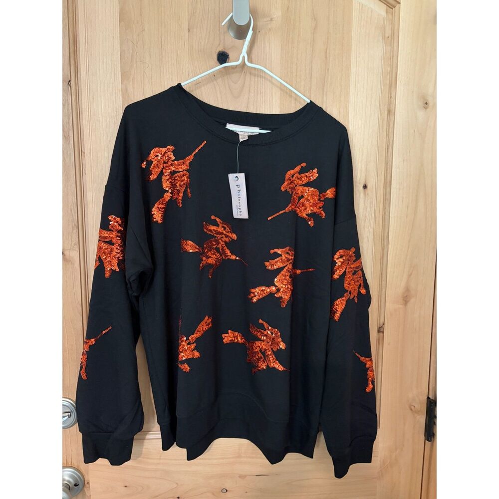 Philosophy Black Orange Sequin Flying Witch Sweatshirt, XL NWT